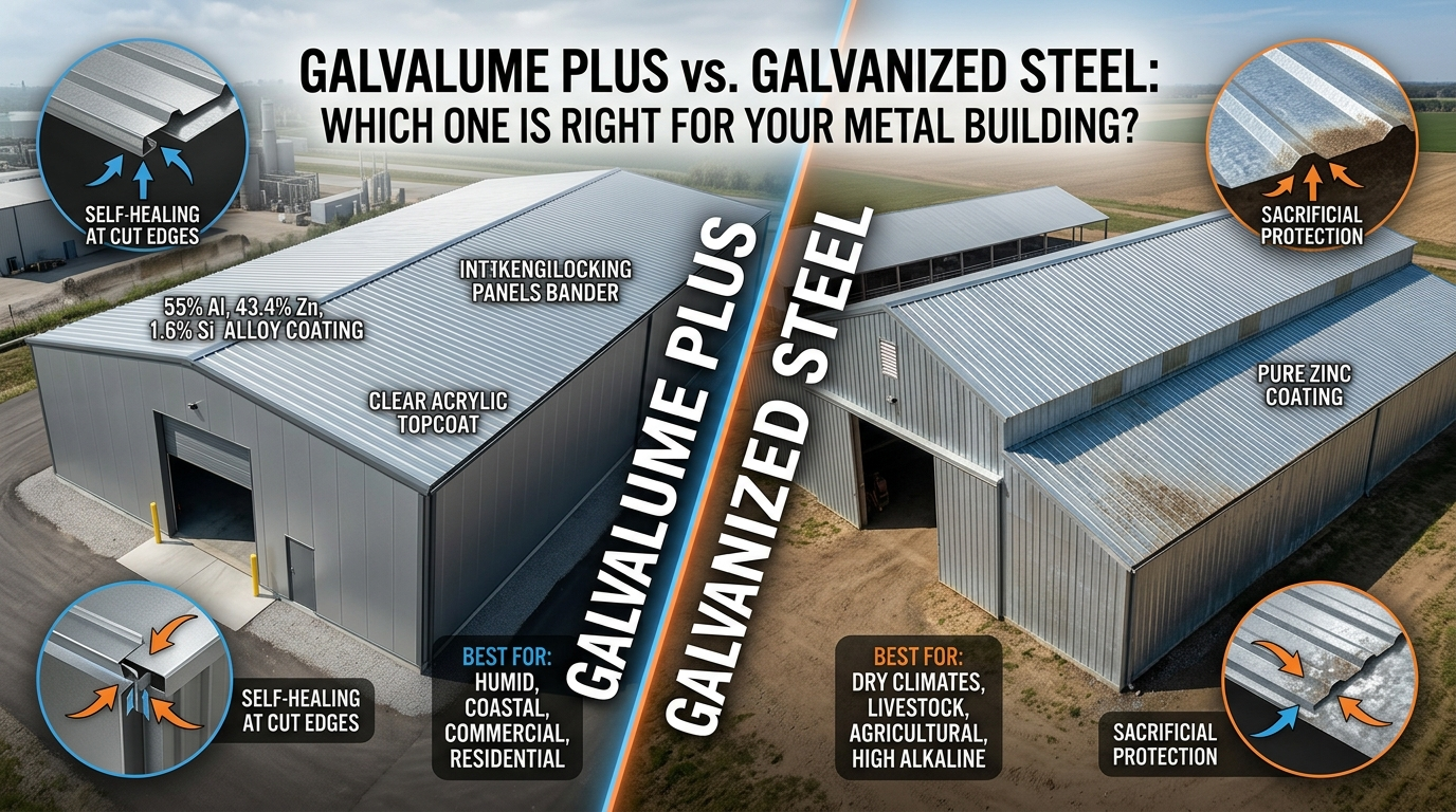 Galvalume Plus vs. galvanized steel comparison for durable metal building roofing.