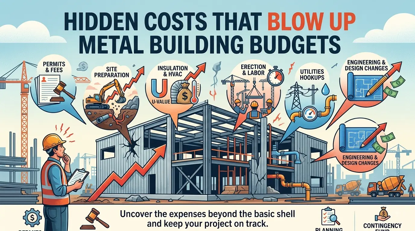 Hidden costs in metal building projects including permits, site work, labor, and utilities.