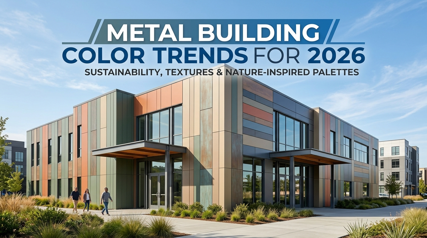 Metal building showcasing 2026 color trends with modern nature-inspired exterior finishes.