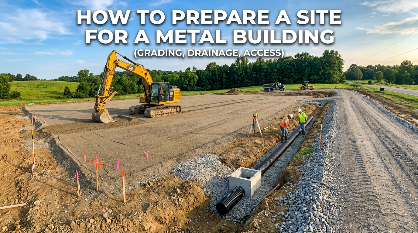 Site preparation for a metal building with grading, drainage installation and access road.
