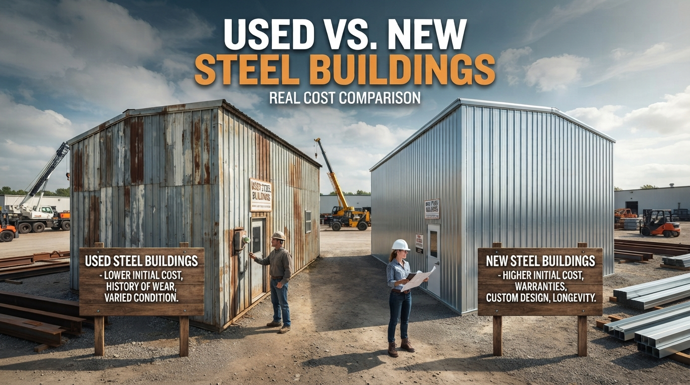 Used and new steel buildings side by side, comparing condition, cost, warranties, and longevity.